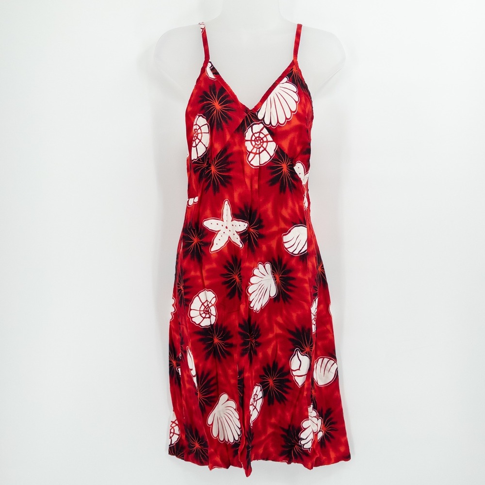 Vintage Y2K Sun Dress Womens L Red Fitted Seashell 90s Tropical‎ Beach Surfer